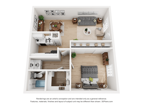 a stylized floor plan with a bedroom and living room